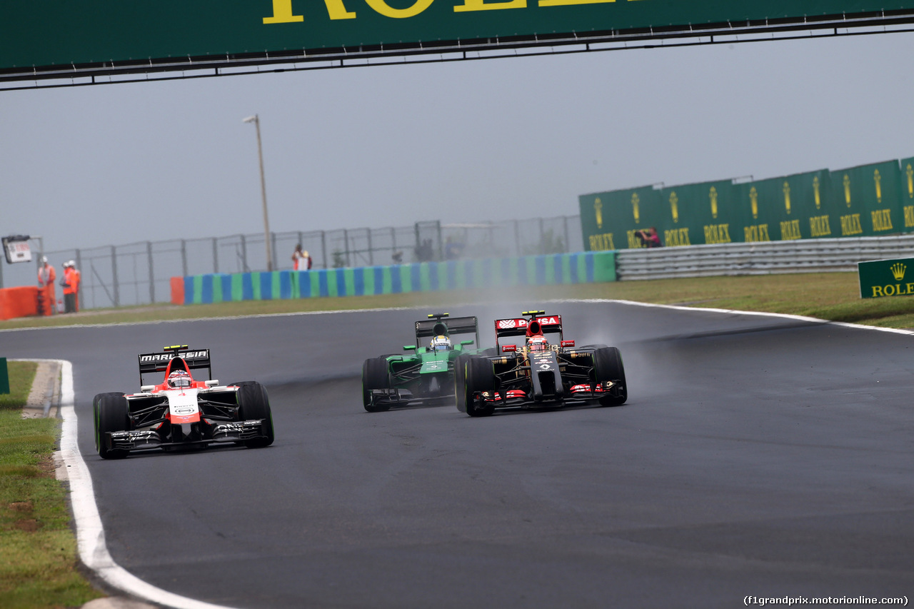 GP UNGHERIA, 27.07.2014- Gara, Max Chilton (GBR), Marussia F1 Team MR03, Marcus Ericsson (SUE) Caterham F1 Team CT-04 e Pastor Maldonado (VEN) Lotus F1 Team E22