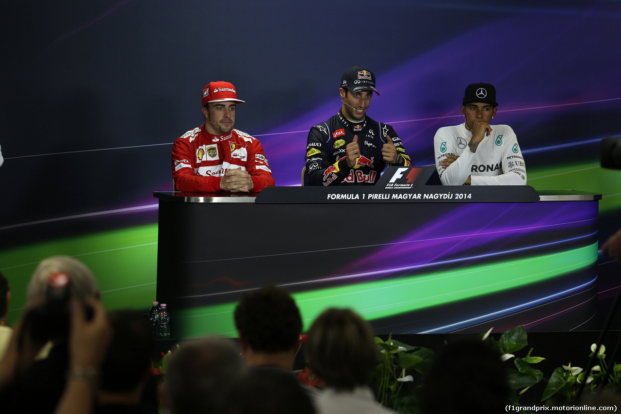 GP UNGHERIA, 27.07.2014- Gara, Conferenza Stampa, Fernando Alonso (ESP) Ferrari F14-T, Daniel Ricciardo (AUS) Red Bull Racing RB10 e Lewis Hamilton (GBR) Mercedes AMG F1 W05