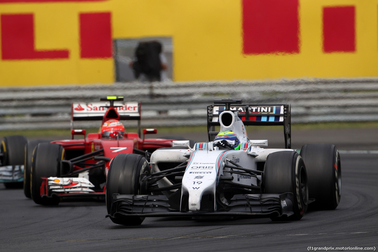 GP UNGHERIA, 27.07.2014- Gara, Felipe Massa (BRA) Williams F1 Team FW36 davanti a Kimi Raikkonen (FIN) Ferrari F14-T e Nico Rosberg (GER) Mercedes AMG F1 W05