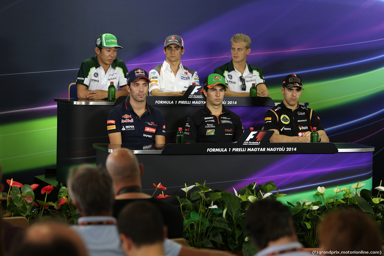 GP UNGHERIA, 24.07.2014- Conferenza Stampa, Kamui Kobayashi (JAP) Caterham F1 Team CT-04, Esteban Gutierrez (MEX), Sauber F1 Team C33, Marcus Ericsson (SUE) Caterham F1 Team CT-04, Jean-Eric Vergne (FRA) Scuderia Toro Rosso STR9, Sergio Perez (MEX) Sahara Force India F1 VJM07 e Pastor Maldonado (VEN) Lotus F1 Team E22