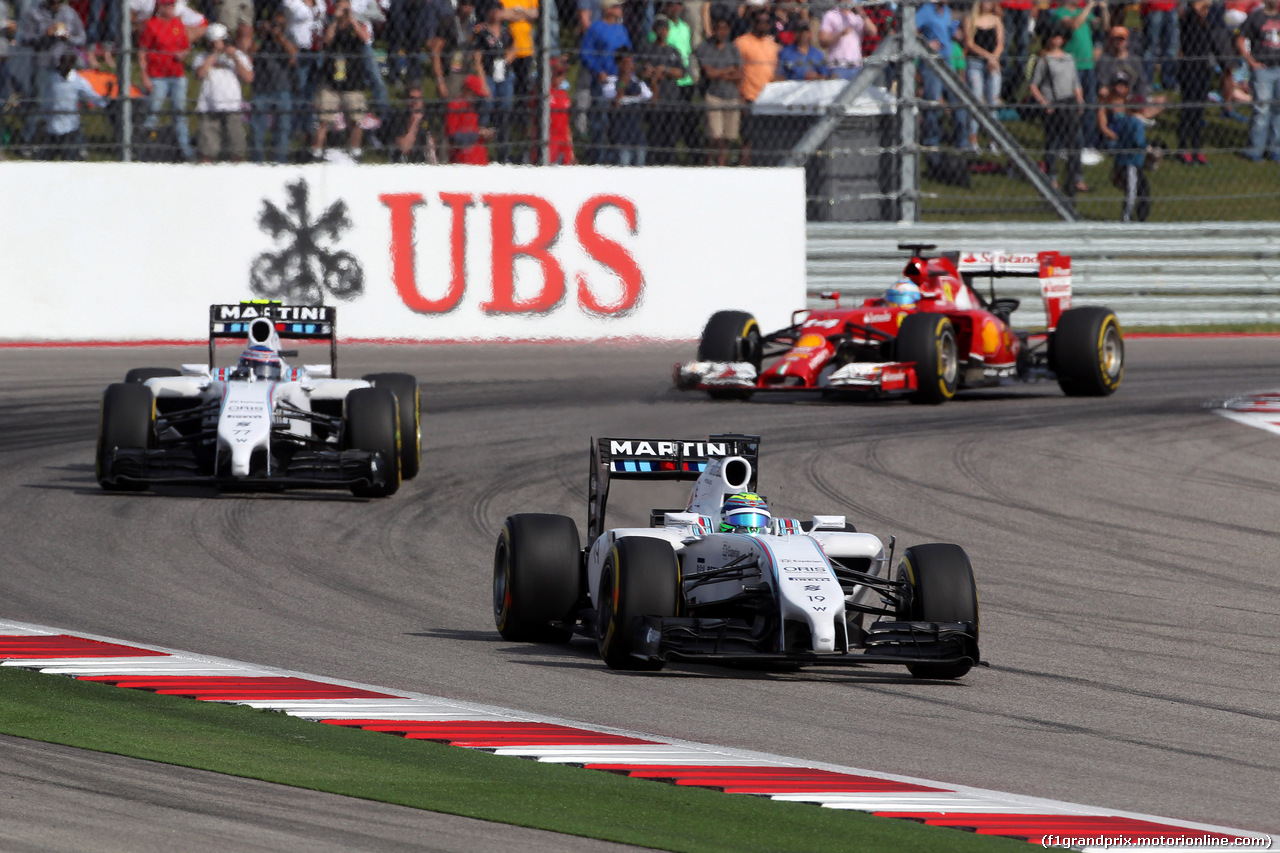 GP USA, 02.11.2014 - Gara, Felipe Massa (BRA) Williams F1 Team FW36 davanti a Valtteri Bottas (FIN) Williams F1 Team FW36