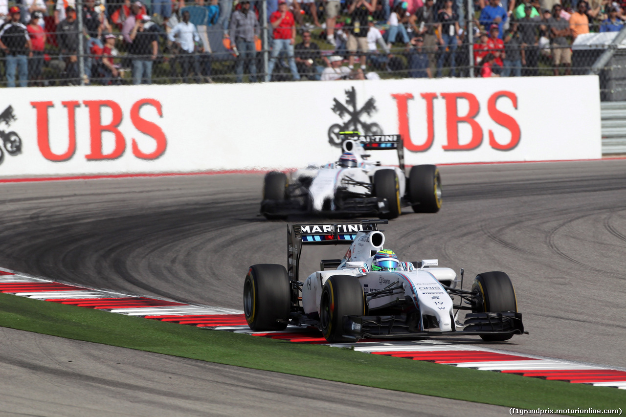 GP USA, 02.11.2014 - Gara, Felipe Massa (BRA) Williams F1 Team FW36 davanti a Valtteri Bottas (FIN) Williams F1 Team FW36