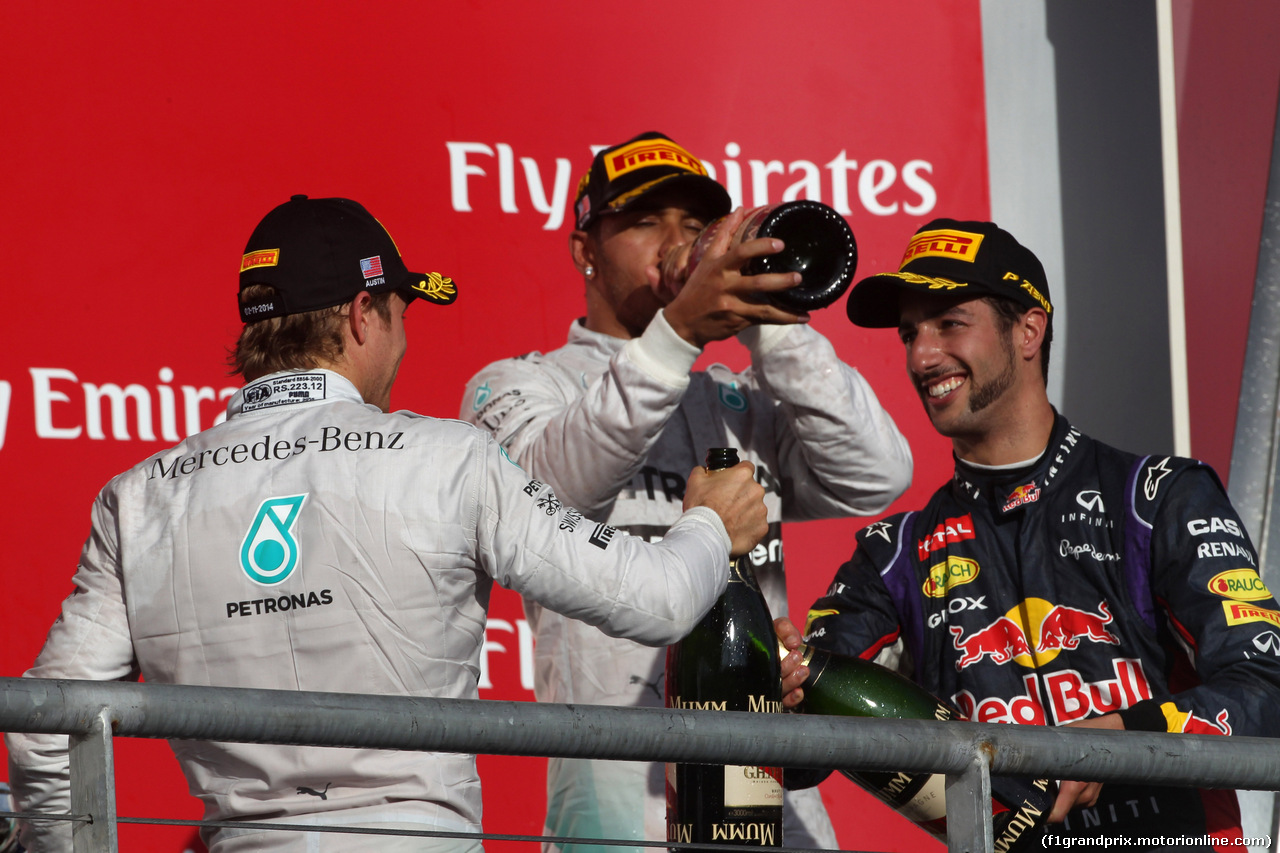 GP USA, 02.11.2014 - Gara, 1st position Lewis Hamilton (GBR) Mercedes AMG F1 W05, secondo Nico Rosberg (GER) Mercedes AMG F1 W05 e terzo Daniel Ricciardo (AUS) Red Bull Racing RB10