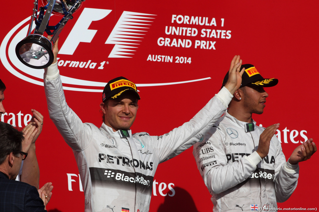 GP USA, 02.11.2014 - Gara, secondo Nico Rosberg (GER) Mercedes AMG F1 W05 e 1st position Lewis Hamilton (GBR) Mercedes AMG F1 W05