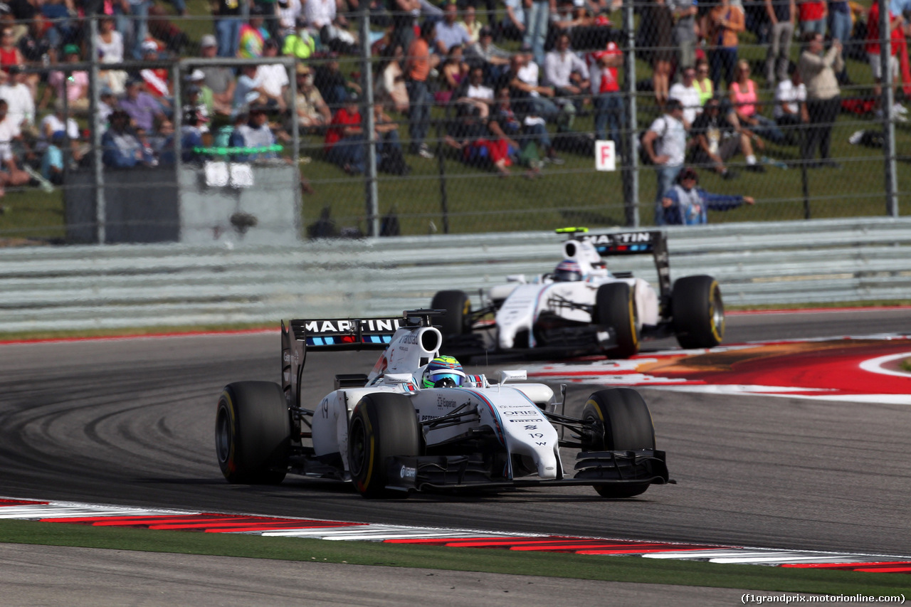 GP USA, 02.11.2014 - Gara, Felipe Massa (BRA) Williams F1 Team FW36 davanti a Valtteri Bottas (FIN) Williams F1 Team FW36
