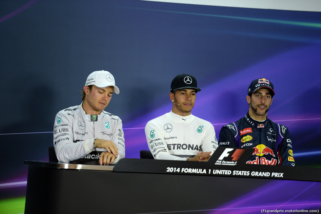 GP USA, 02.11.2014 - Gara, Conferenza Stampa, Nico Rosberg (GER) Mercedes AMG F1 W05, Lewis Hamilton (GBR) Mercedes AMG F1 W05 e Daniel Ricciardo (AUS) Red Bull Racing RB10