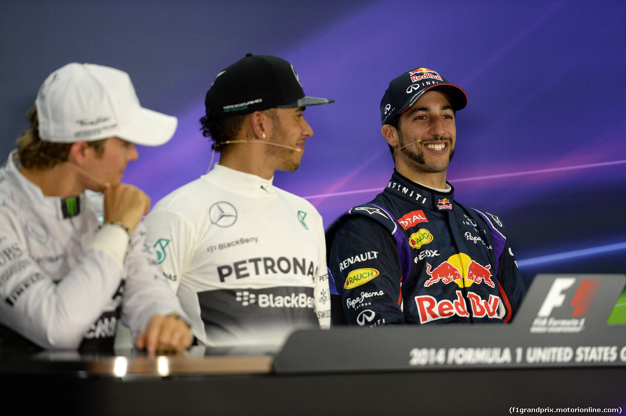 GP USA, 02.11.2014 - Gara, Conferenza Stampa, Nico Rosberg (GER) Mercedes AMG F1 W05, Lewis Hamilton (GBR) Mercedes AMG F1 W05 e Daniel Ricciardo (AUS) Red Bull Racing RB10