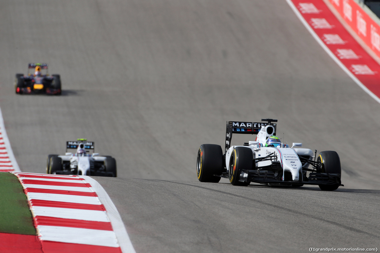 GP USA, 02.11.2014 - Gara, Felipe Massa (BRA) Williams F1 Team FW36 davanti a Valtteri Bottas (FIN) Williams F1 Team FW36