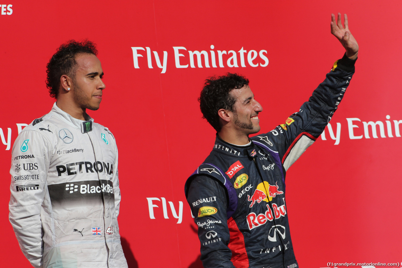 GP USA, 02.11.2014 - Gara, Lewis Hamilton (GBR) Mercedes AMG F1 W05 vincitore e terzo Daniel Ricciardo (AUS) Red Bull Racing RB10