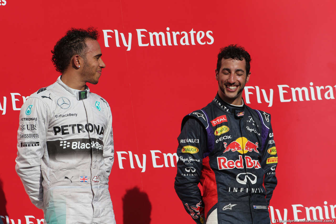 GP USA, 02.11.2014 - Gara, Lewis Hamilton (GBR) Mercedes AMG F1 W05 vincitore e terzo Daniel Ricciardo (AUS) Red Bull Racing RB10