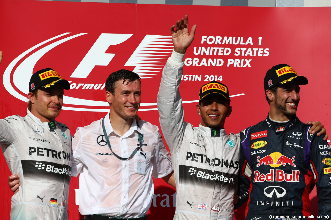 GP USA, 02.11.2014 - Gara, secondo Nico Rosberg (GER) Mercedes AMG F1 W05, Lewis Hamilton (GBR) Mercedes AMG F1 W05 vincitore e terzo Daniel Ricciardo (AUS) Red Bull Racing RB10