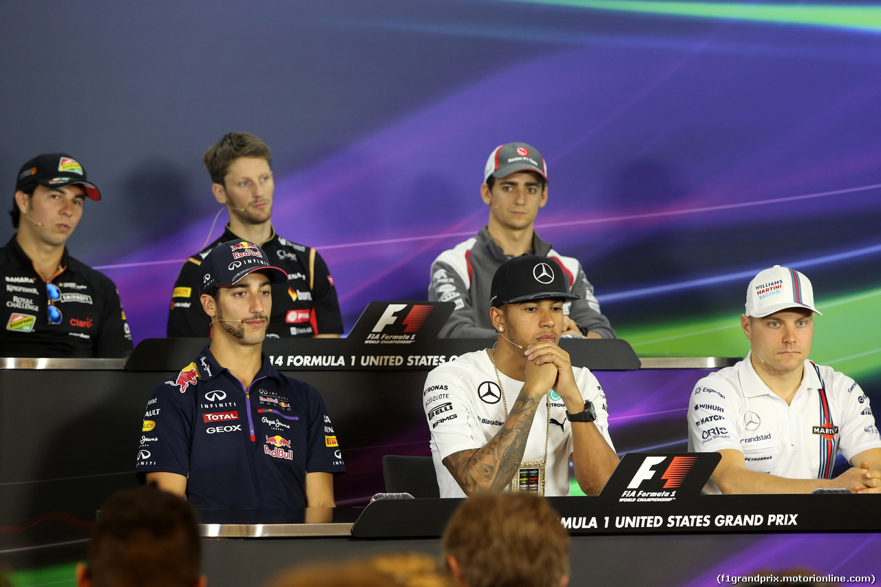 GP USA, 30.10.2014 - Conferenza Stampa, Sergio Perez (MEX) Sahara Force India F1 VJM07, Romain Grosjean (FRA) Lotus F1 Team E22, Esteban Gutierrez (MEX), Sauber F1 Team C33, Daniel Ricciardo (AUS) Red Bull Racing RB10, Lewis Hamilton (GBR) Mercedes AMG F1 W05 e Valtteri Bottas (FIN) Williams F1 Team FW36