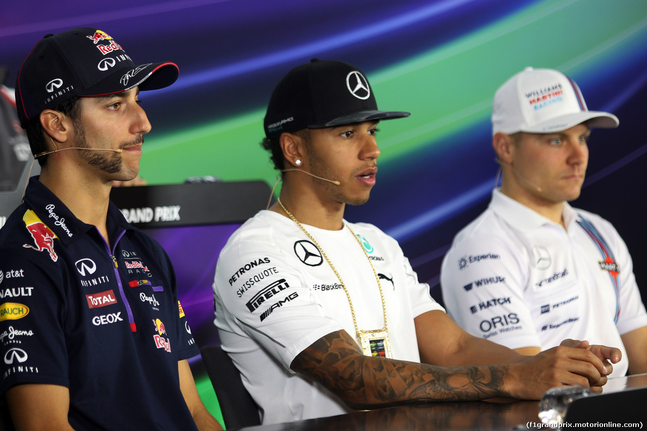 GP USA, 30.10.2014 - Conferenza Stampa, Daniel Ricciardo (AUS) Red Bull Racing RB10, Lewis Hamilton (GBR) Mercedes AMG F1 W05 e Valtteri Bottas (FIN) Williams F1 Team FW36