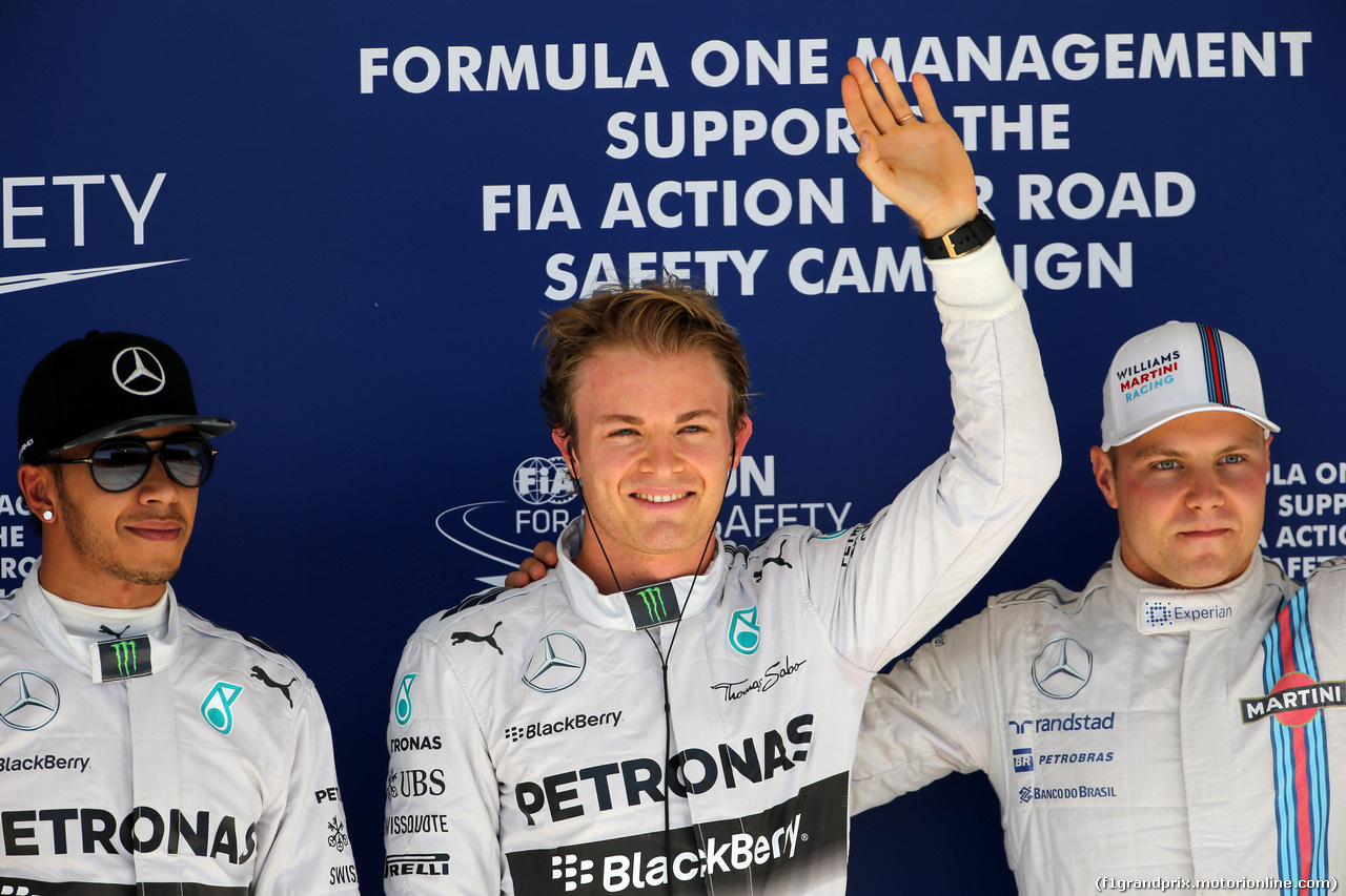 GP USA, 01.11.2014 - Qualifiche, (L-R) secondo Lewis Hamilton (GBR) Mercedes AMG F1 W05, Nico Rosberg (GER) Mercedes AMG F1 W05 pole position e terzo Valtteri Bottas (FIN) Williams F1 Team FW36