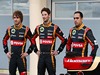 LOTUS F1 E22, (L to R): Charles Pic (FRA) with Romain Grosjean (FRA) Lotus F1 Team e team mate Pastor Maldonado (VEN) Lotus F1 Team Lotus as the F1 E22 is officially unveiled.
20.02.2014. Formula One Testing, Bahrain Test One, Day Two, Sakhir, Bahrain.