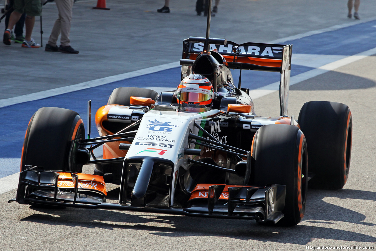 TEST F1 BAHRAIN 19 FEBBRAIO, Nico Hulkenberg (GER) Sahara Force India F1 VJM07 leaves the pits.
19.02.2014. Formula One Testing, Bahrain Test One, Day One, Sakhir, Bahrain.