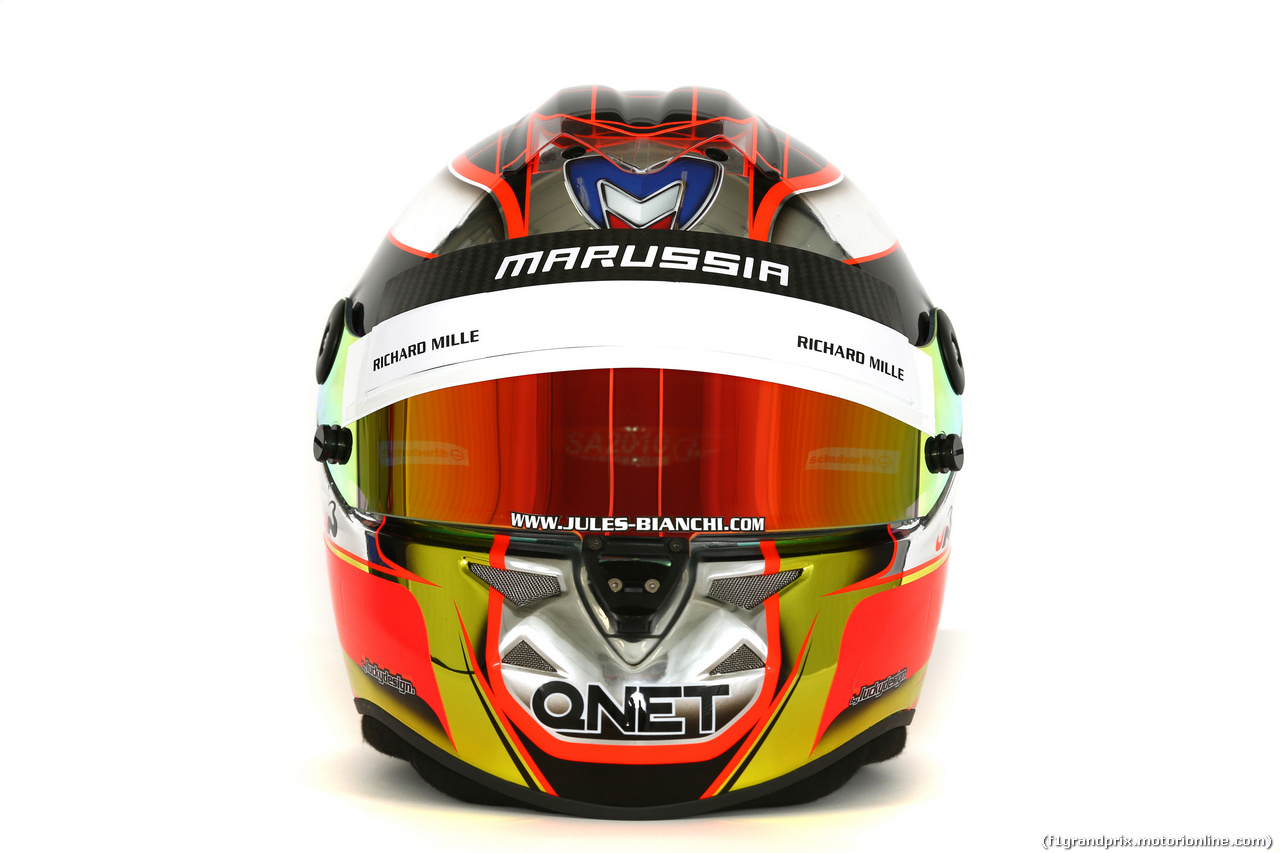 TEST F1 BAHRAIN 19 FEBBRAIO, The helmet of Jules Bianchi (FRA) Marussia F1 Team.
19.02.2014. Formula One Testing, Bahrain Test One, Day One, Sakhir, Bahrain.