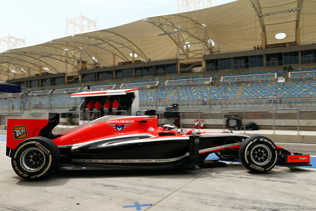 TEST F1 BAHRAIN 28 FEBBRAIO, Jules Bianchi (FRA) Marussia F1 Team MR03 leaves the pits.
28.02.2014. Formula One Testing, Bahrain Test Two, Day Two, Sakhir, Bahrain.