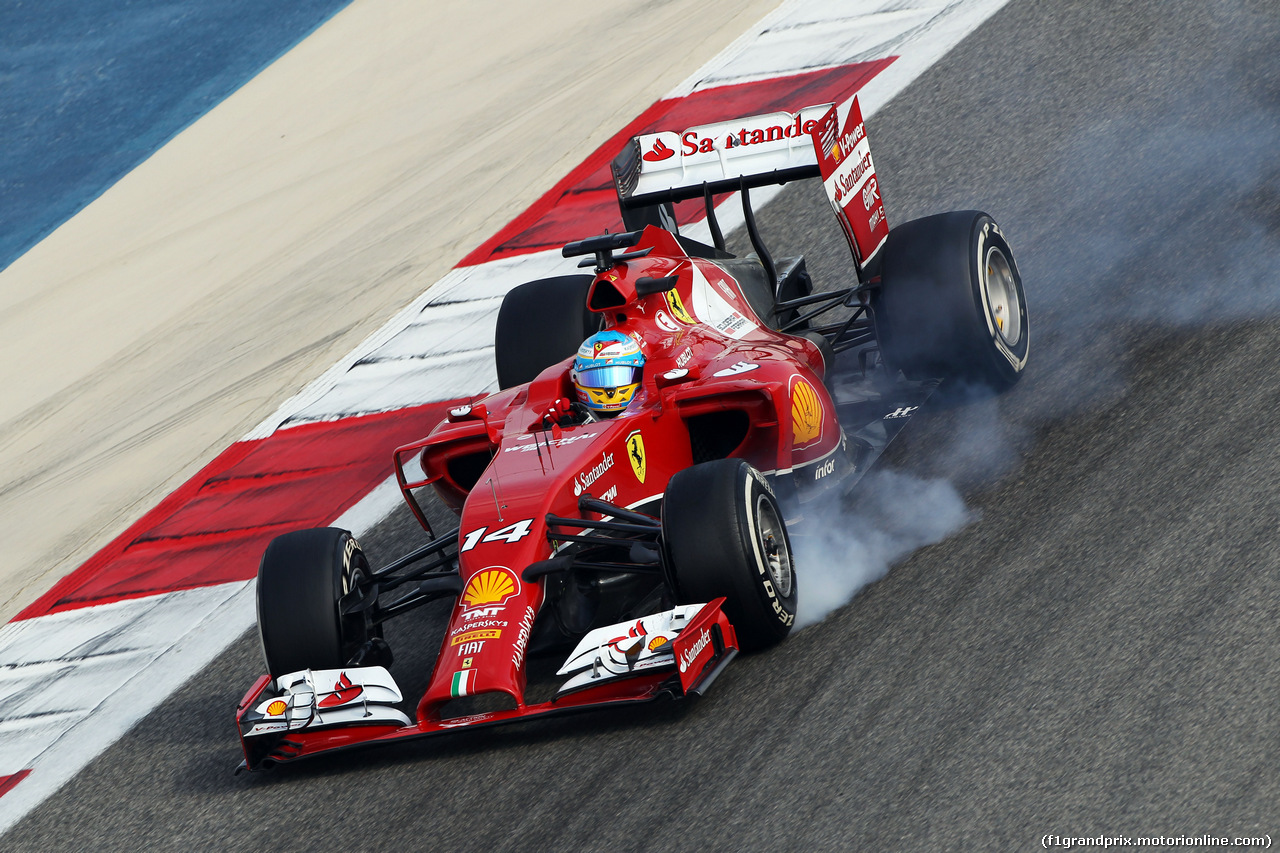 TEST F1 BAHRAIN 28 FEBBRAIO, Fernando Alonso (ESP) Ferrari F14-T locks up under braking.
28.02.2014. Formula One Testing, Bahrain Test Two, Day Two, Sakhir, Bahrain.