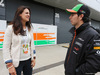 TEST SILVERSTONE 08 LUGLIO, Sergio Perez (MEX) Sahara Force India F1 with Hannah White (GBR) Broadcaster, Sailor e Adventurer.
08.07.2014. Formula One Testing, Silverstone, England, Tuesday.