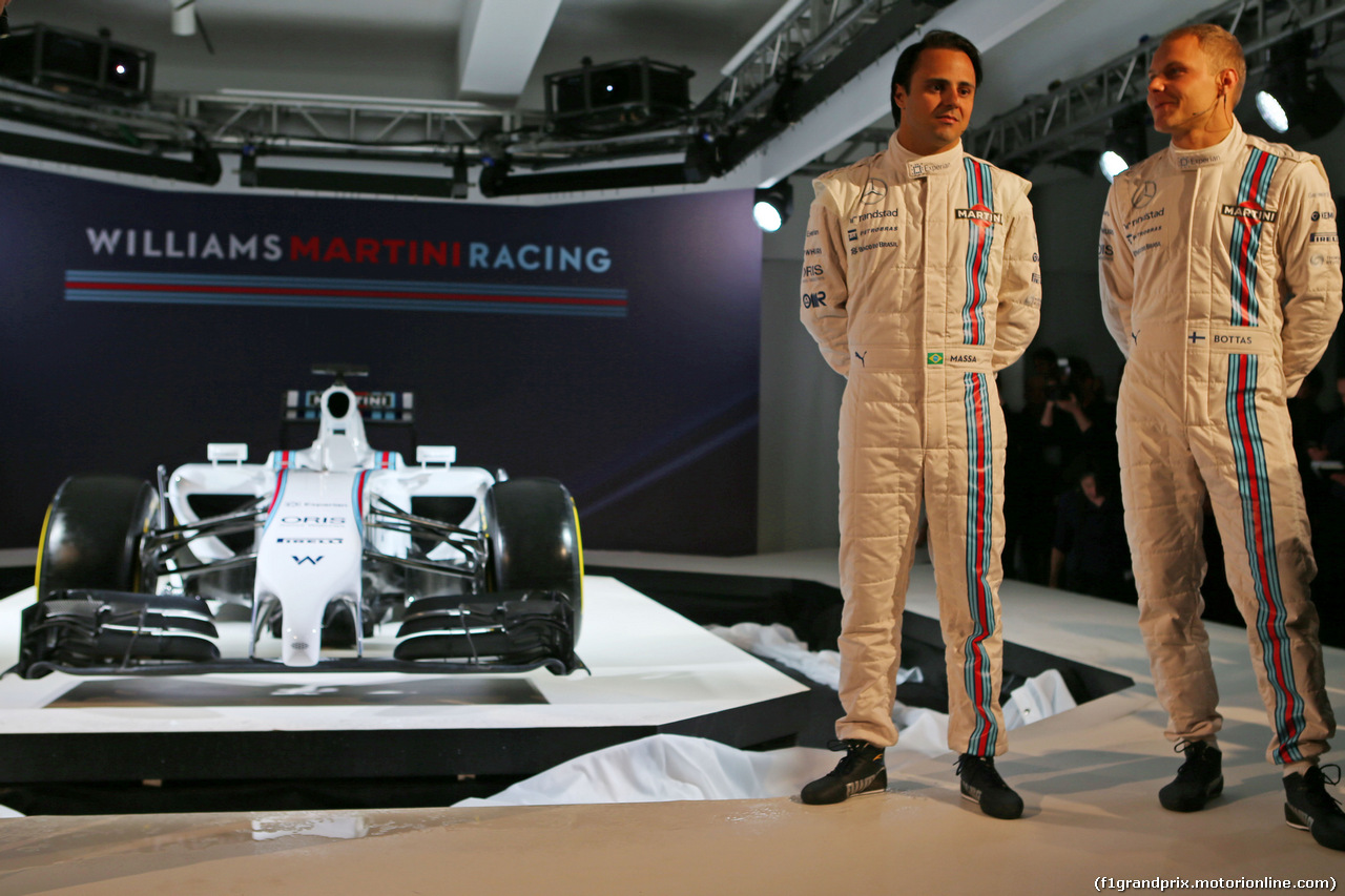 WILLIAMS MARTINI RACING FW36, The Williams FW36 with Martini livery is unveiled. (L to R): Felipe Massa (BRA) Williams with team mate Valtteri Bottas (FIN) Williams.
06.03.2014. Formula One Launch, Williams FW36 Official Unveiling, London, England.