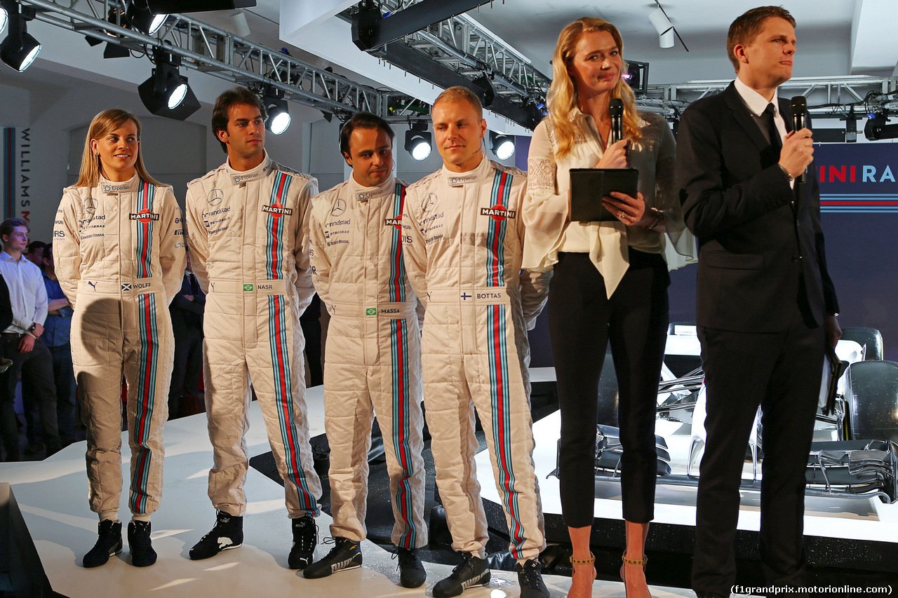 WILLIAMS MARTINI RACING FW36, The Williams FW36 with Martini livery is unveiled. (L to R): Susie Wolff (GBR) Williams Development Driver; Felipe Nasr (BRA) Williams Test e Reserve Driver; Felipe Massa (BRA) Williams; Valtteri Bottas (FIN) Williams; Jodie Kidd (GBR); Jake Humphrey (GBR).
06.03.2014. Formula One Launch, Williams FW36 Official Unveiling, London, England.