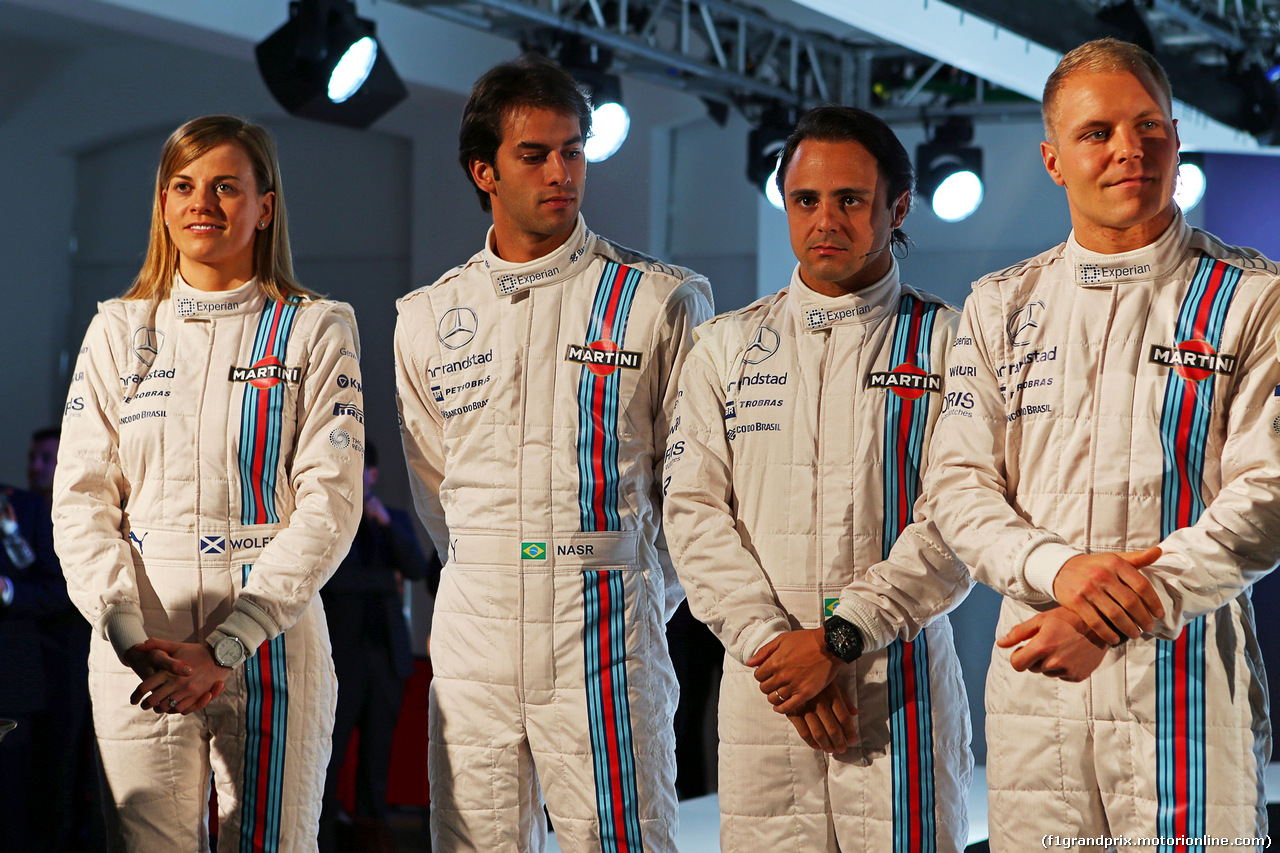 WILLIAMS MARTINI RACING FW36, The Williams FW36 with Martini livery is unveiled. (L to R): Susie Wolff (GBR) Williams Development Driver; Felipe Nasr (BRA) Williams Test e Reserve Driver; Felipe Massa (BRA) Williams; Valtteri Bottas (FIN) Williams.
06.03.2014. Formula One Launch, Williams FW36 Official Unveiling, London, England.