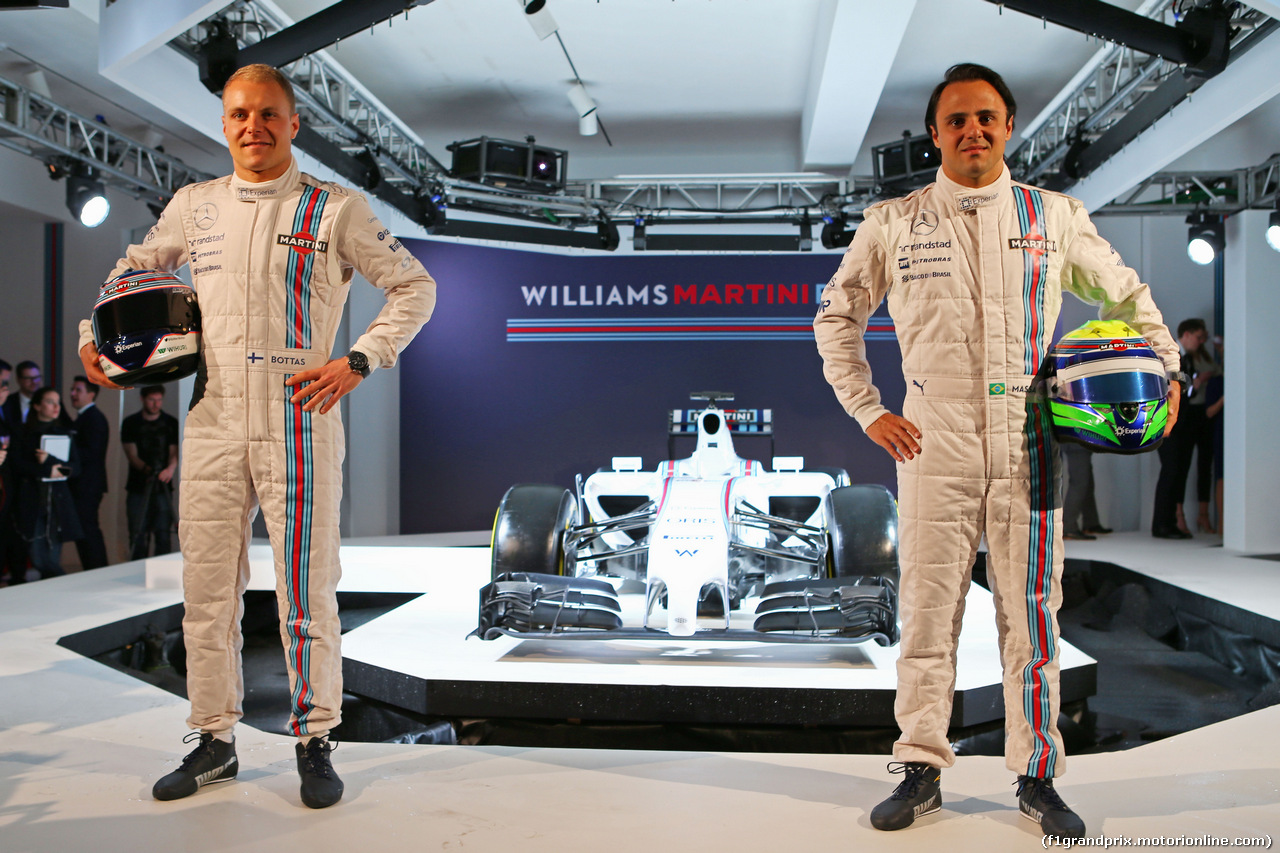 WILLIAMS MARTINI RACING FW36, (L to R): Valtteri Bottas (FIN) Williams with team mate Felipe Massa (BRA) Williams e the new Martini liveried Williams FW36.
06.03.2014. Formula One Launch, Williams FW36 Official Unveiling, London, England.