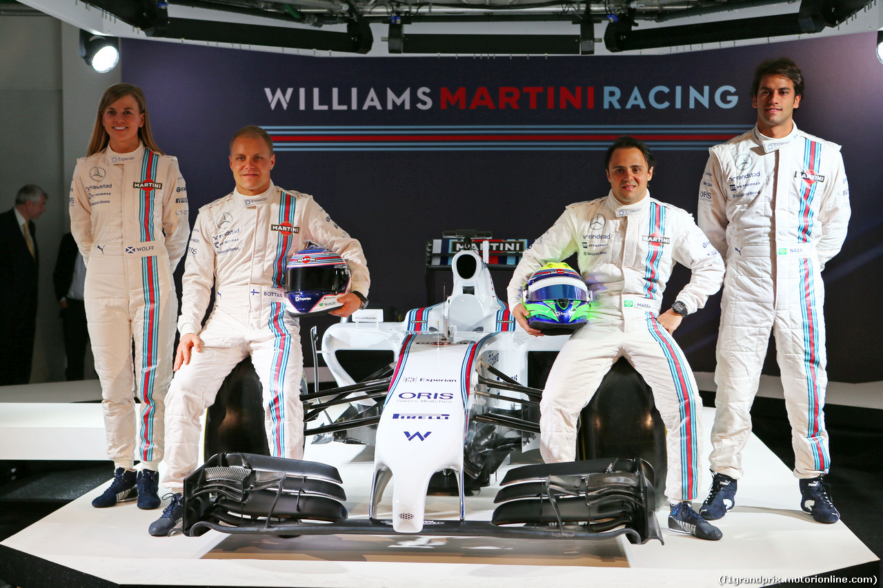 WILLIAMS MARTINI RACING FW36, (L to R): Susie Wolff (GBR) Williams Development Driver; Valtteri Bottas (FIN) Williams; team mate Felipe Massa (BRA) Williams; Felipe Nasr (BRA) Williams Test e Reserve Driver, with the new Martini liveried Williams FW36.
06.03.2014. Formula One Launch, Williams FW36 Official Unveiling, London, England.