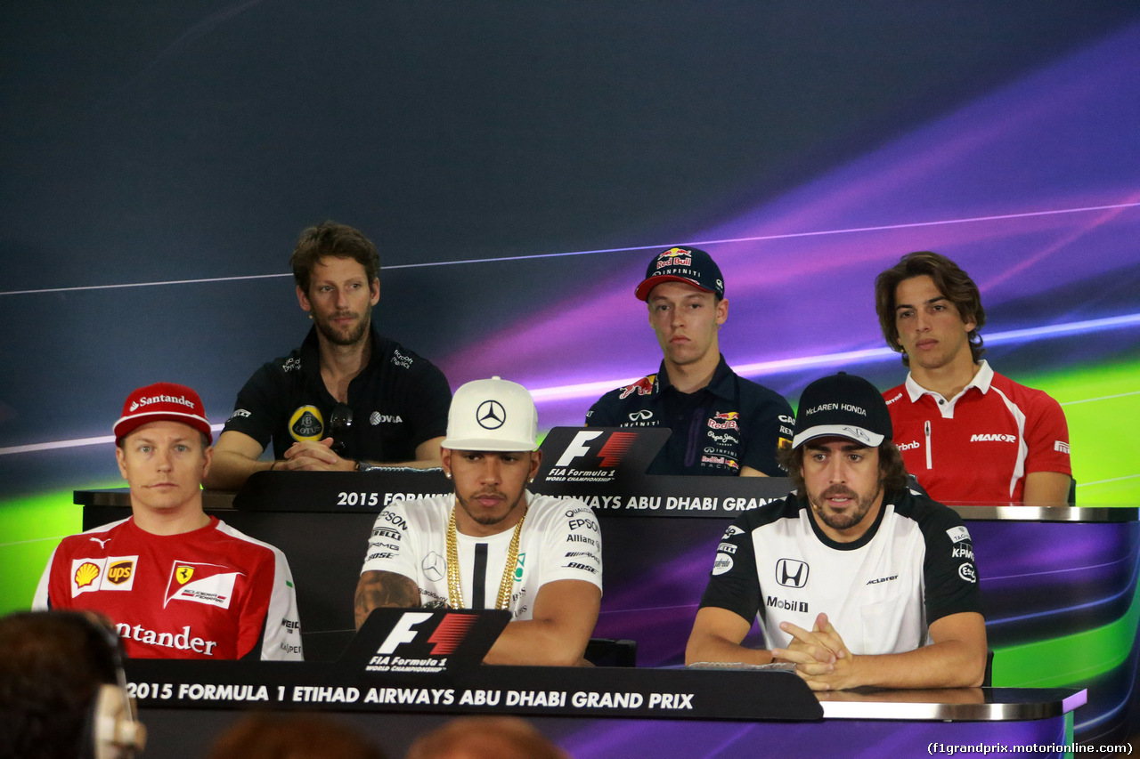GP ABU DHABI, 26.11.2015 - Conferenza Stampa, Romain Grosjean (FRA) Lotus F1 Team E23, Daniil Kvyat (RUS) Red Bull Racing RB11, Roberto Merhi (ESP) Manor Marussia F1 Team, Kimi Raikkonen (FIN) Ferrari SF15-T, Lewis Hamilton (GBR) Mercedes AMG F1 W06 e Fernando Alonso (ESP) McLaren Honda MP4-30