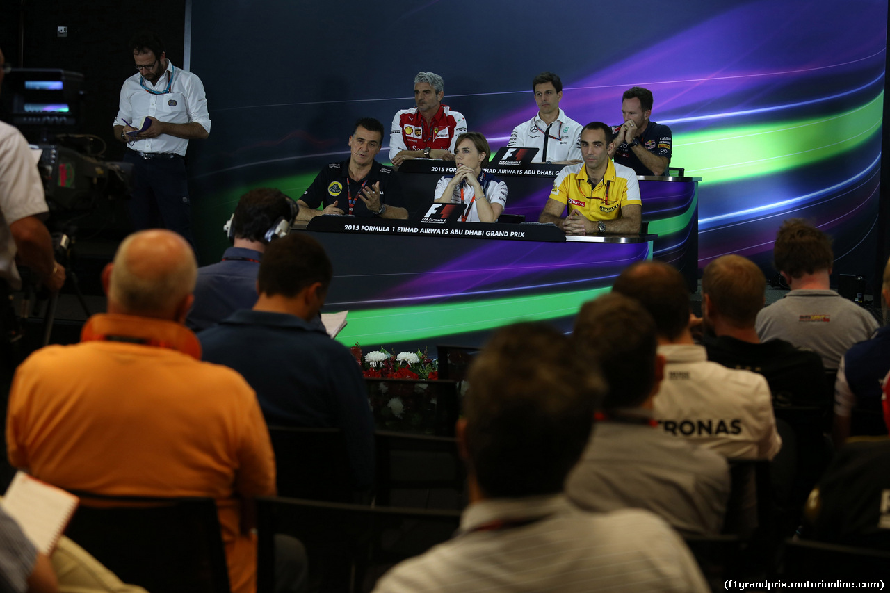 GP ABU DHABI, 27.11.2015 - Conferenza Stampa, Maurizio Arrivabene (ITA) Ferrari Team Principal, Toto Wolff (GER) Mercedes AMG F1 Shareholder e Executive Director, Christian Horner (GBR), Red Bull Racing, Sporting Director, Federico Gastaldi (ARG) Lotus F1 Team Deputy Team Principal, Claire Williams (GBR) Williams Deputy Team Principal. e Cyril Abiteboul (FRA) Renault Sport F1 Managing Director