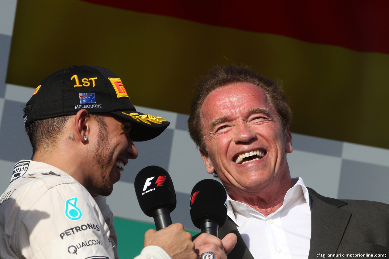 GP AUSTRALIA, 15.03.2015 - Gara, Arnod Schwarzenegger (AU), Actor e Lewis Hamilton (GBR) Mercedes AMG F1 W06