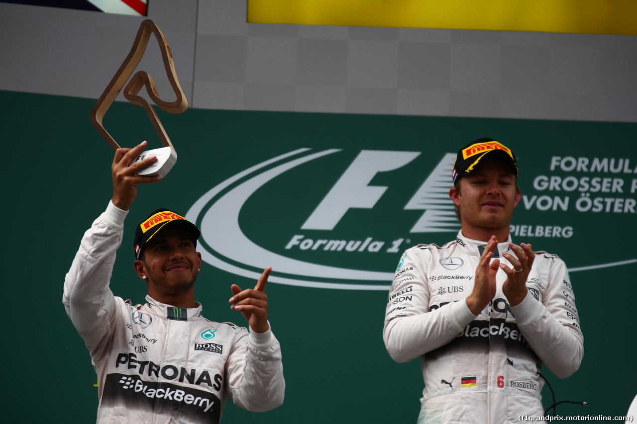 GP AUSTRIA, 21.06.2015- Podium, winner Nico Rosberg (GER) Mercedes AMG F1 W06, 2nd Lewis Hamilton (GBR) Mercedes AMG F1 W06