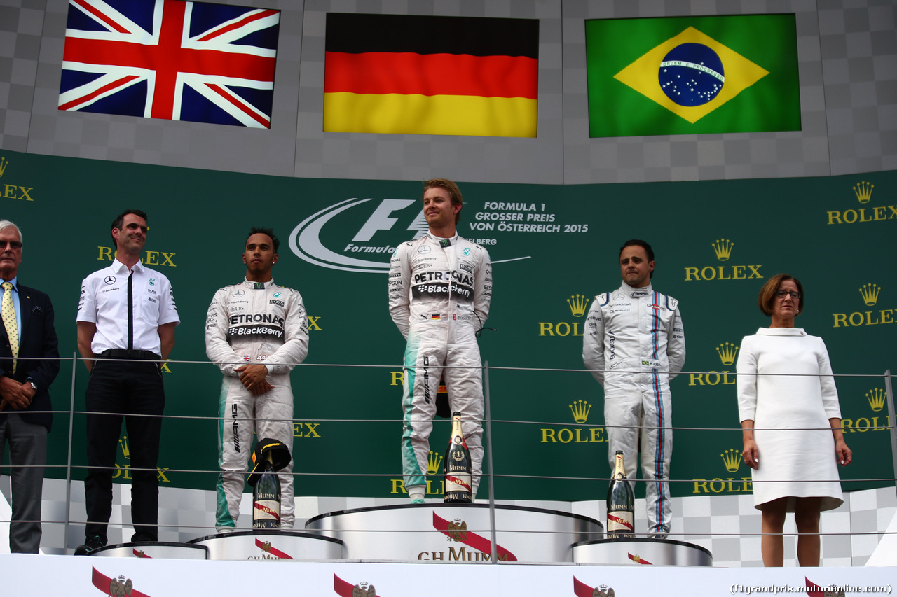 GP AUSTRIA, 21.06.2015- Podium, winner Nico Rosberg (GER) Mercedes AMG F1 W06, 2nd Lewis Hamilton (GBR) Mercedes AMG F1 W06 , 3rd Felipe Massa (BRA) Williams F1 Team FW37
