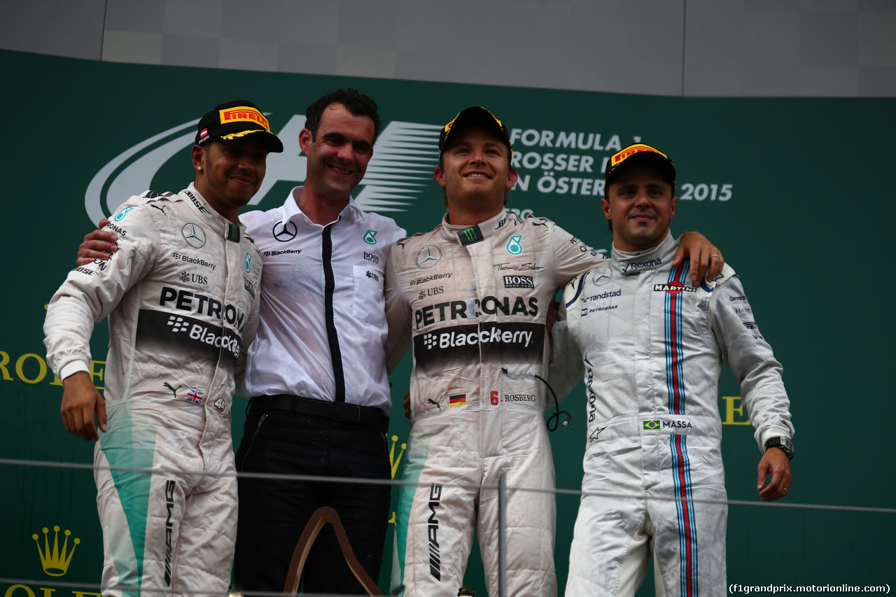 GP AUSTRIA, 21.06.2015- Podium, winner Nico Rosberg (GER) Mercedes AMG F1 W06, 2nd Lewis Hamilton (GBR) Mercedes AMG F1 W06 , 3rd Felipe Massa (BRA) Williams F1 Team FW37