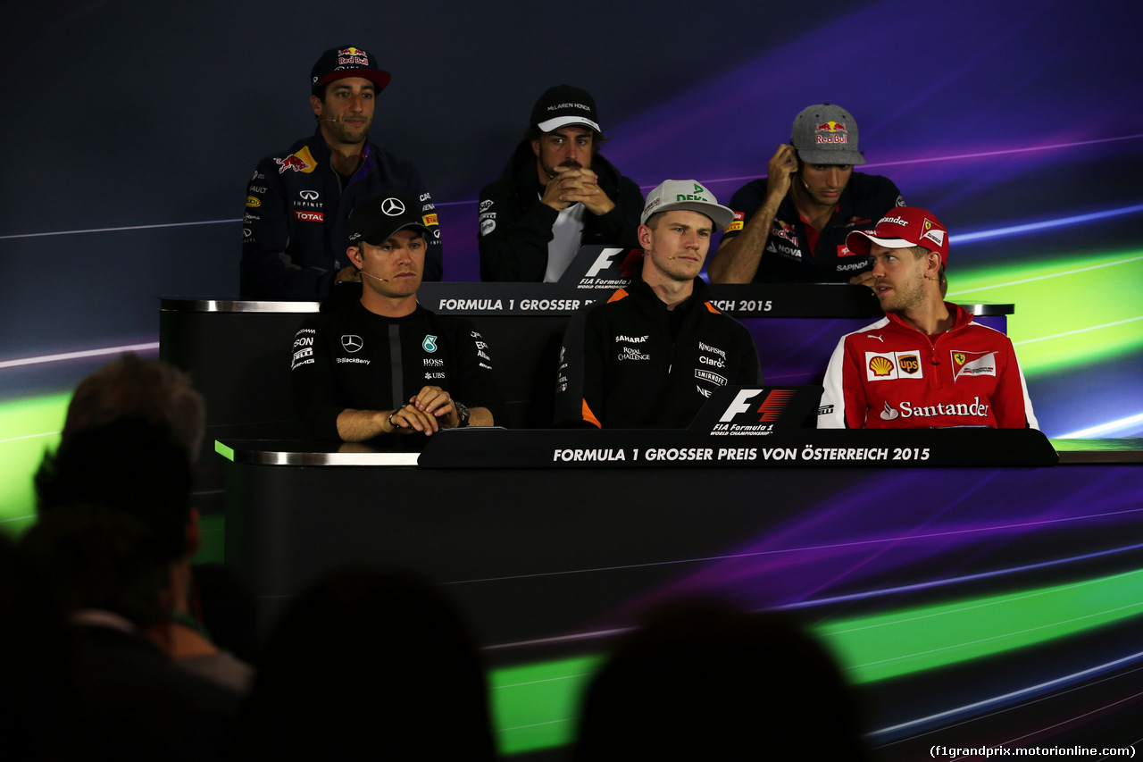 GP AUSTRIA, The FIA Press Conference (from back row (L to R)): Daniel Ricciardo (AUS) Red Bull Racing; Fernando Alonso (ESP) McLaren; Carlos Sainz Jr (ESP) Scuderia Toro Rosso; Nico Rosberg (GER) Mercedes AMG F1; Nico Hulkenberg (GER) Sahara Force India F1; Sebastian Vettel (GER) Ferrari.  
18.06.2015.