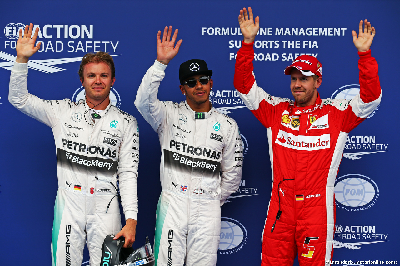 GP AUSTRIA, Qualifiche top three in parc ferme (L to R): Nico Rosberg (GER) Mercedes AMG F1, second; Lewis Hamilton (GBR) Mercedes AMG F1, pole position; Sebastian Vettel (GER) Ferrari, third.
20.06.2015.