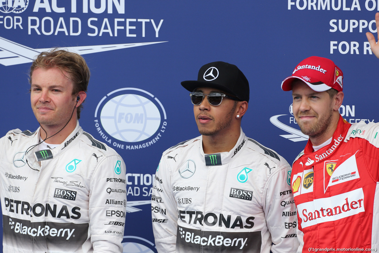 GP AUSTRIA, 20.06.2015- Qualifiche celebration pole position Lewis Hamilton (GBR) Mercedes AMG F1 W06 , 2nd Nico Rosberg (GER) Mercedes AMG F1 W06, 3rd Sebastian Vettel (GER) Ferrari SF15-T