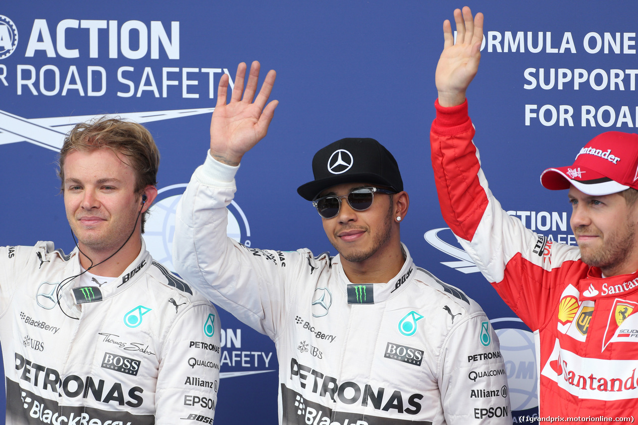 GP AUSTRIA, 20.06.2015- Qualifiche celebration pole position Lewis Hamilton (GBR) Mercedes AMG F1 W06 , 2nd Nico Rosberg (GER) Mercedes AMG F1 W06, 3rd Sebastian Vettel (GER) Ferrari SF15-T