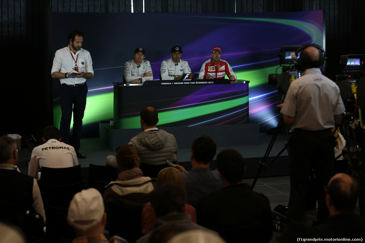 GP AUSTRIA, 20.06.2015- After Qualifiche official Press Conference, pole position Lewis Hamilton (GBR) Mercedes AMG F1 W06 , 2nd Nico Rosberg (GER) Mercedes AMG F1 W06, 3rd Sebastian Vettel (GER) Ferrari SF15-T