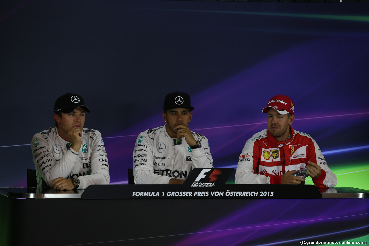 GP AUSTRIA, 20.06.2015- After Qualifiche official Press Conference, pole position Lewis Hamilton (GBR) Mercedes AMG F1 W06 , 2nd Nico Rosberg (GER) Mercedes AMG F1 W06, 3rd Sebastian Vettel (GER) Ferrari SF15-T