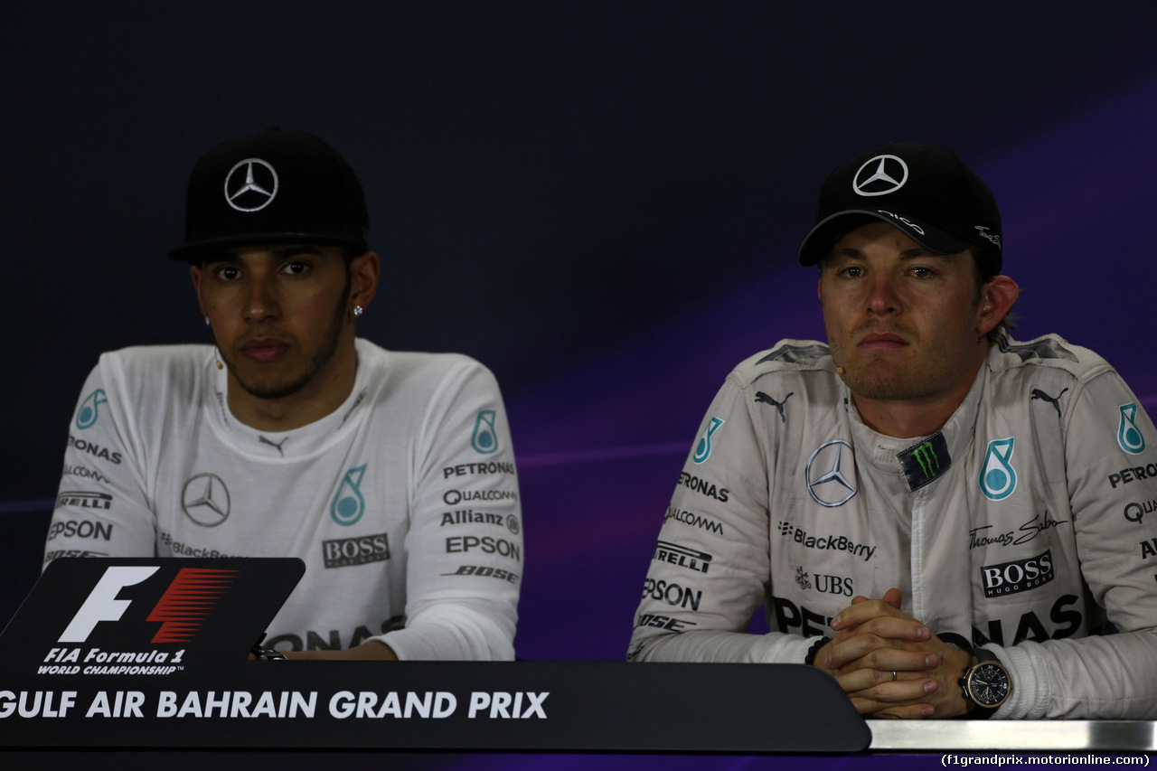 GP BAHRAIN, 19.04.2015 - Gara, Conferenza Stampa, Lewis Hamilton (GBR) Mercedes AMG F1 W06 e Nico Rosberg (GER) Mercedes AMG F1 W06