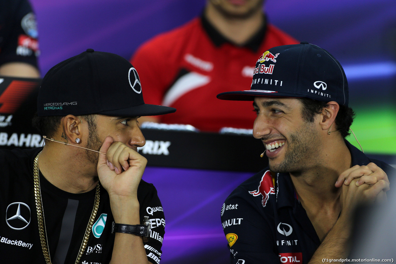 GP BAHRAIN, 16.04.2015 - Conferenza Stampa, Lewis Hamilton (GBR) Mercedes AMG F1 W06 e Daniel Ricciardo (AUS) Red Bull Racing RB11