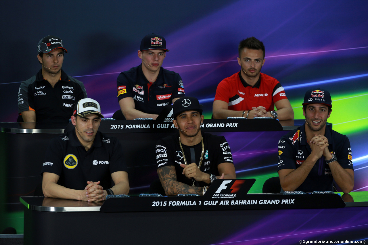 GP BAHRAIN, 16.04.2015 - Conferenza Stampa, Sergio Perez (MEX) Sahara Force India F1 VJM08, Max Verstappen (NED) Scuderia Toro Rosso STR10, William Stevens (GBR) Manor Marussia F1 Team, Pastor Maldonado (VEN) Lotus F1 Team E23, Lewis Hamilton (GBR) Mercedes AMG F1 W06 e 16.04.2015 -