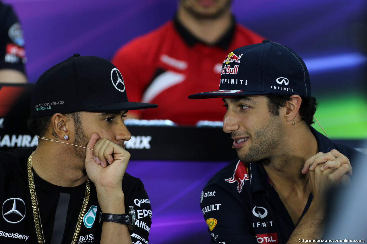 GP BAHRAIN, 16.04.2015 - Conferenza Stampa, Lewis Hamilton (GBR) Mercedes AMG F1 W06 e Daniel Ricciardo (AUS) Red Bull Racing RB11