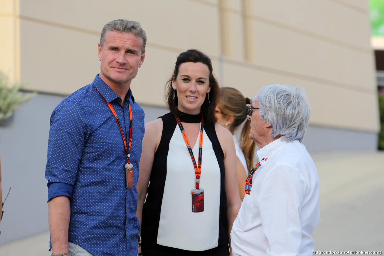 GP BAHRAIN, 18.04.2015 - David Coulthard (GBR) with Lee McKenzie (GBR) BBC Television Reporterand Bernie Ecclestone (GBR), President e CEO of FOM
