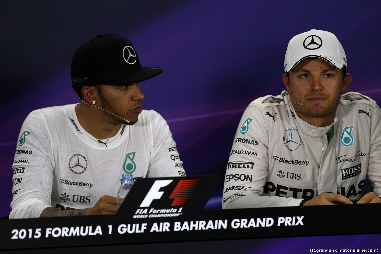 GP BAHRAIN, 18.04.2015 - Qualifiche, Conferenza Stampa, Lewis Hamilton (GBR) Mercedes AMG F1 W06 e Nico Rosberg (GER) Mercedes AMG F1 W06