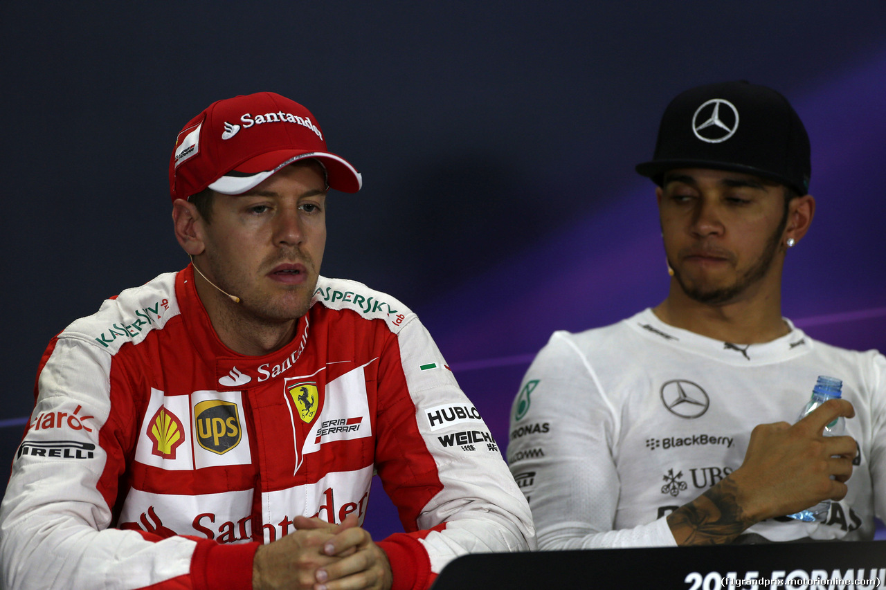 GP BAHRAIN, 18.04.2015 - Qualifiche, Conferenza Stampa, Sebastian Vettel (GER) Ferrari SF15-T e Lewis Hamilton (GBR) Mercedes AMG F1 W06