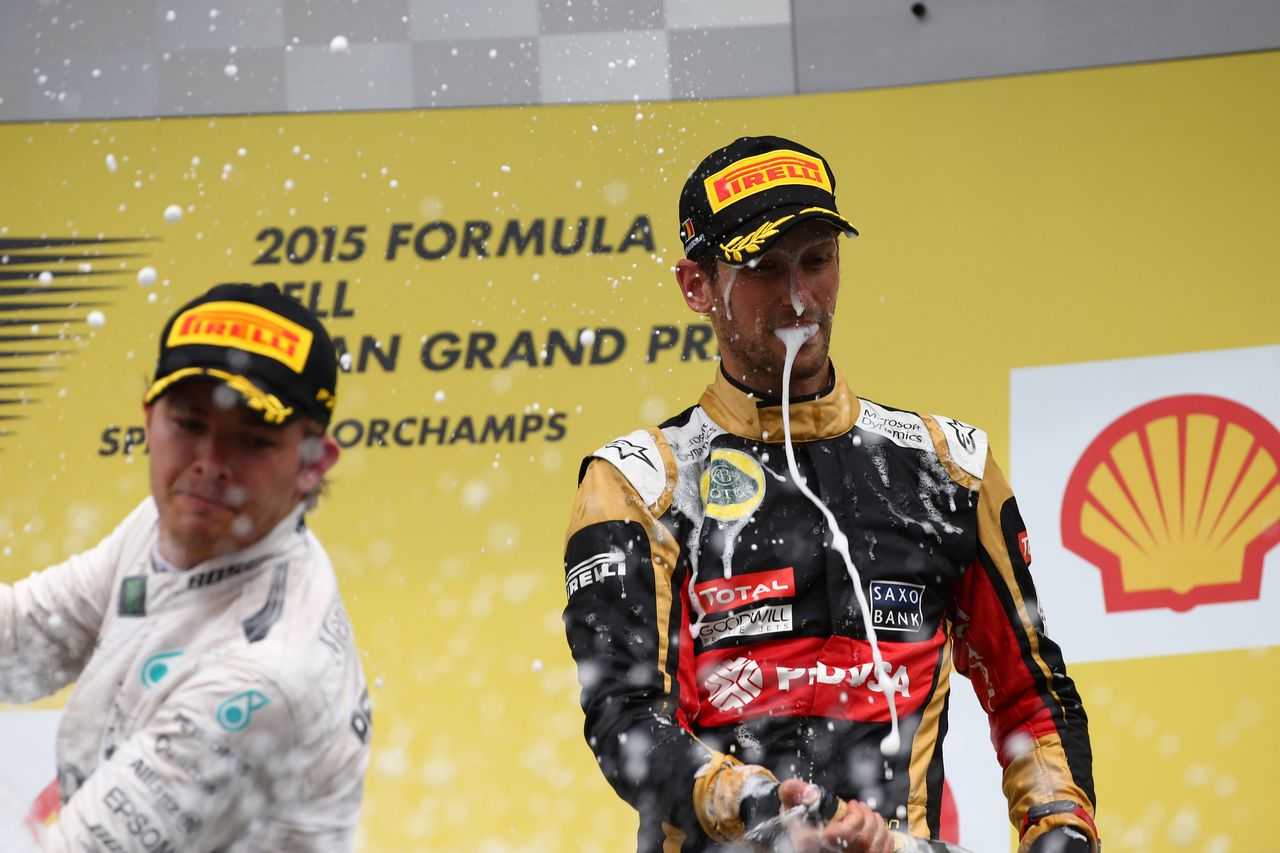 GP BELGIO, 23.08.2015 - Gara, secondo Nico Rosberg (GER) Mercedes AMG F1 W06 e terzo Romain Grosjean (FRA) Lotus F1 Team E23