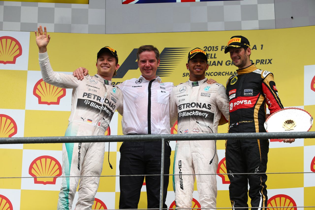 GP BELGIO, 23.08.2015 - Gara, 1st position Lewis Hamilton (GBR) Mercedes AMG F1 W06, secondo Nico Rosberg (GER) Mercedes AMG F1 W06 e terzo  Romain Grosjean (FRA) Lotus F1 Team E23